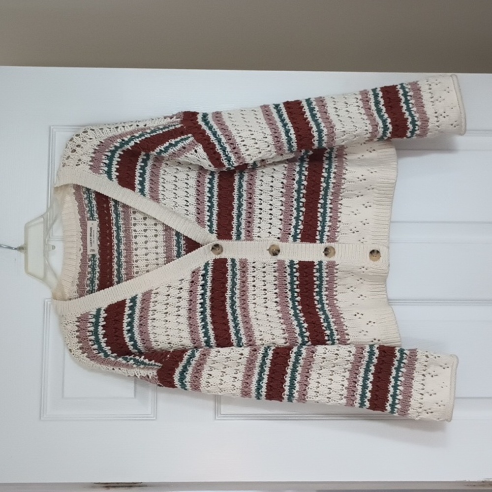 Lucky Brand Striped Open Weave Cardigan, L